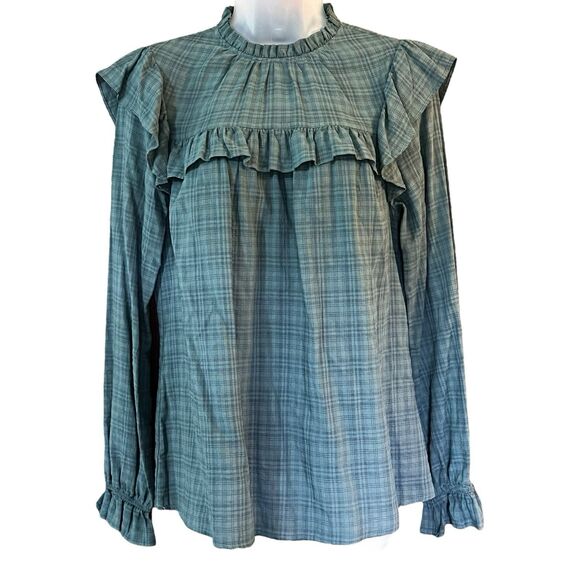 Universal Threads Green/Blue Plaid Ruffled Shirt Sz Small Prairie Cottagecore - Picture 11 of 14